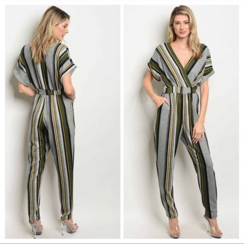 NWT Striped Deep-V Neck Jumpsuit